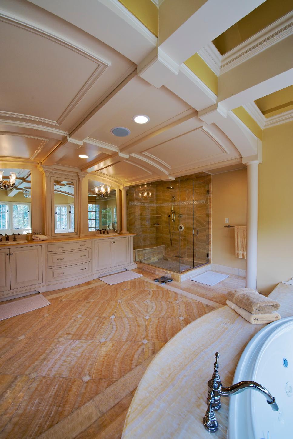 Traditional White Double Vanity Bathroom With Columns White Master Bathroom With Yellow Accents