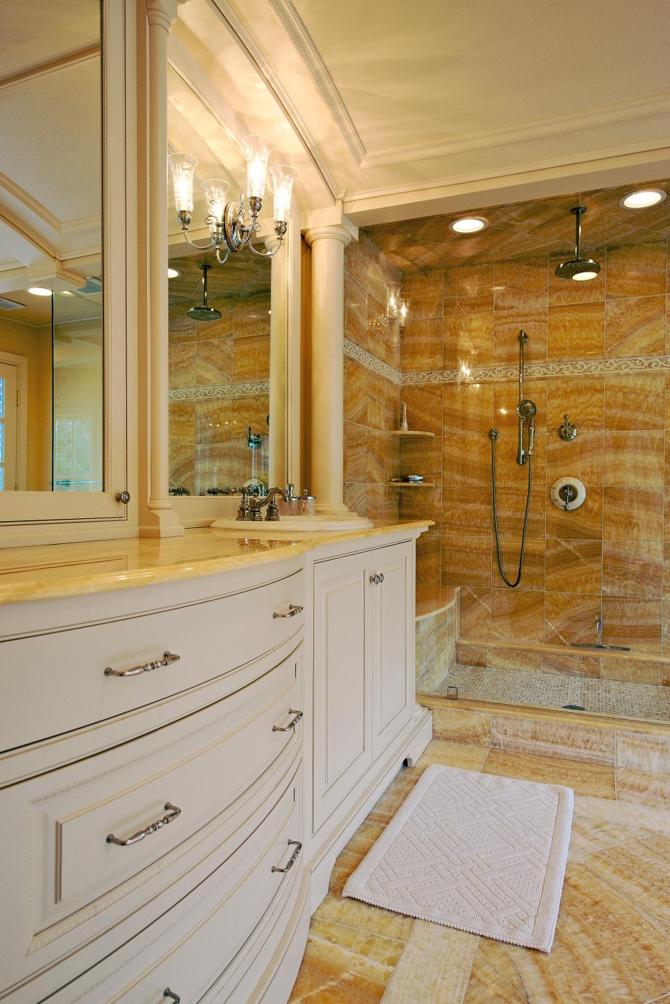 Traditional Bathroom With White Vanity and Marble Shower