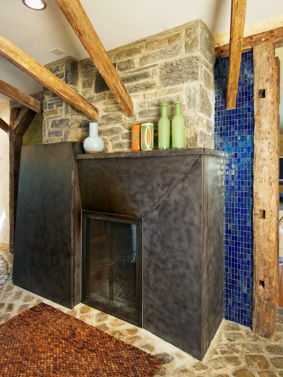 Fireplace and Blue Mosaic Tile Wall