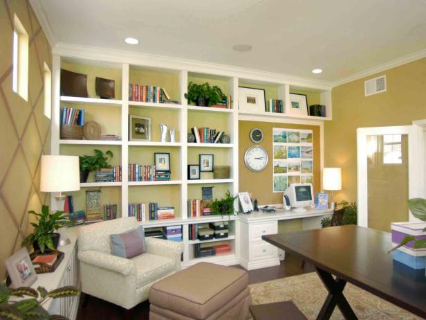 Neutral Cottage Home Office With Large Built-In Bookcase