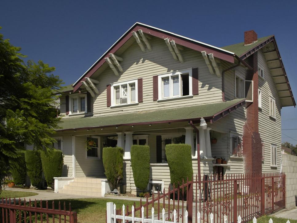 Craftsman-Style Home With Red Shutters Two-Story Craftsman With Low-Pitched Roof, Red Shutters, Trim, Chimney