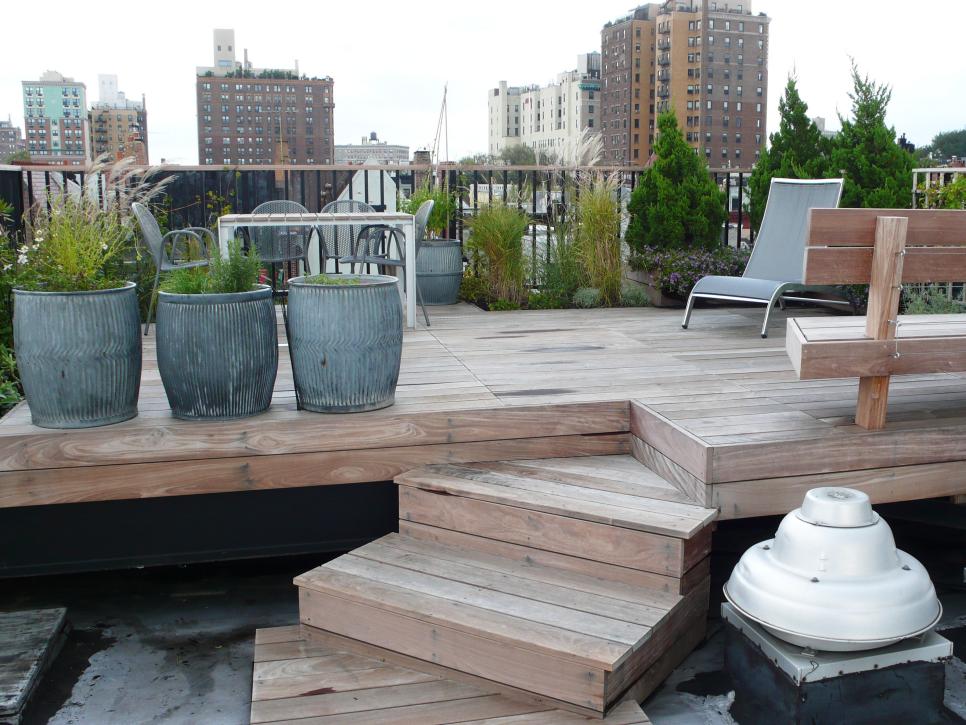 Contemporary Rooftop Wood Deck With Galvanized Steel Planters