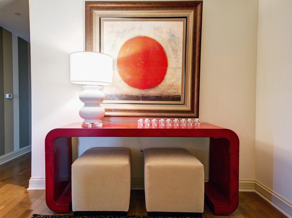 Contemporary Entryway With Red Console Table and Tan Cube Stools