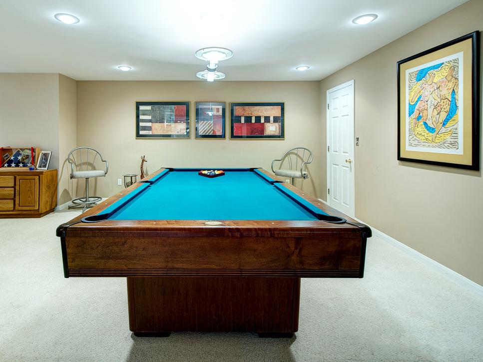 Traditional Neutral Game Room with Pool Table