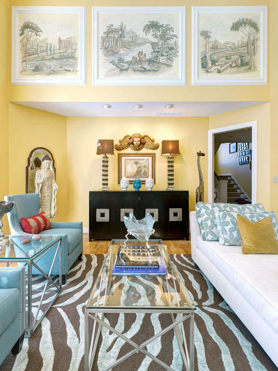 Yellow Living Room With Brown and Blue Zebra Print Rug 