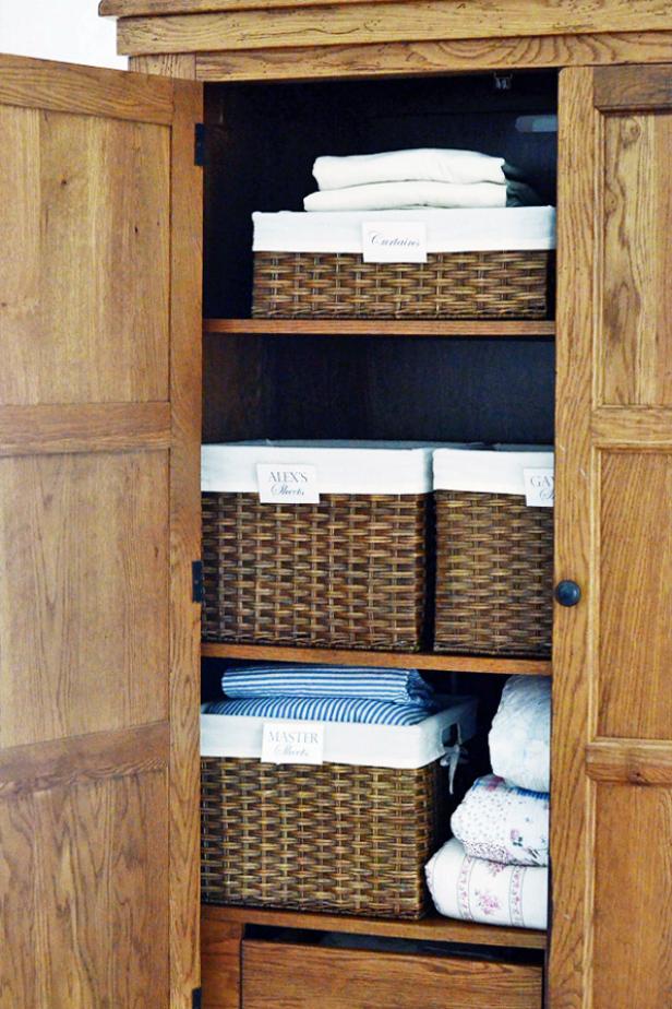 Linen Closet Organization With Labeled Storage Baskets Linen Closet Organization With Labeled Storage Baskets