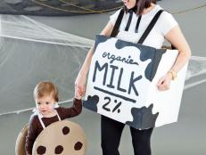 Woman Dressed Up as Milk Carton and Baby as Chocolate Chip Cookie