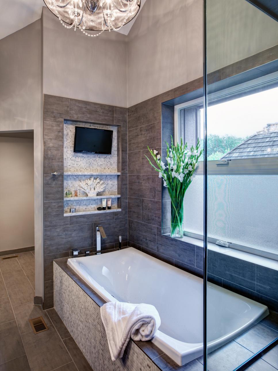 Neutral Bathroom with Soaking Tub, TV & Frosted Window