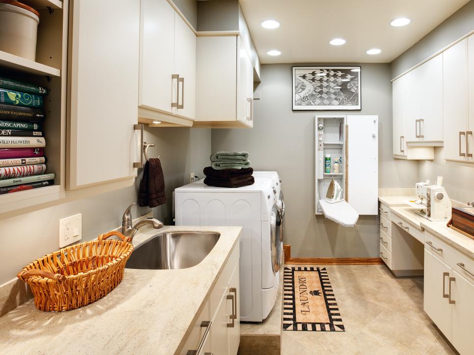 Neutral Laundry Room With Utility Sink & Murphy-Style Ironing Board