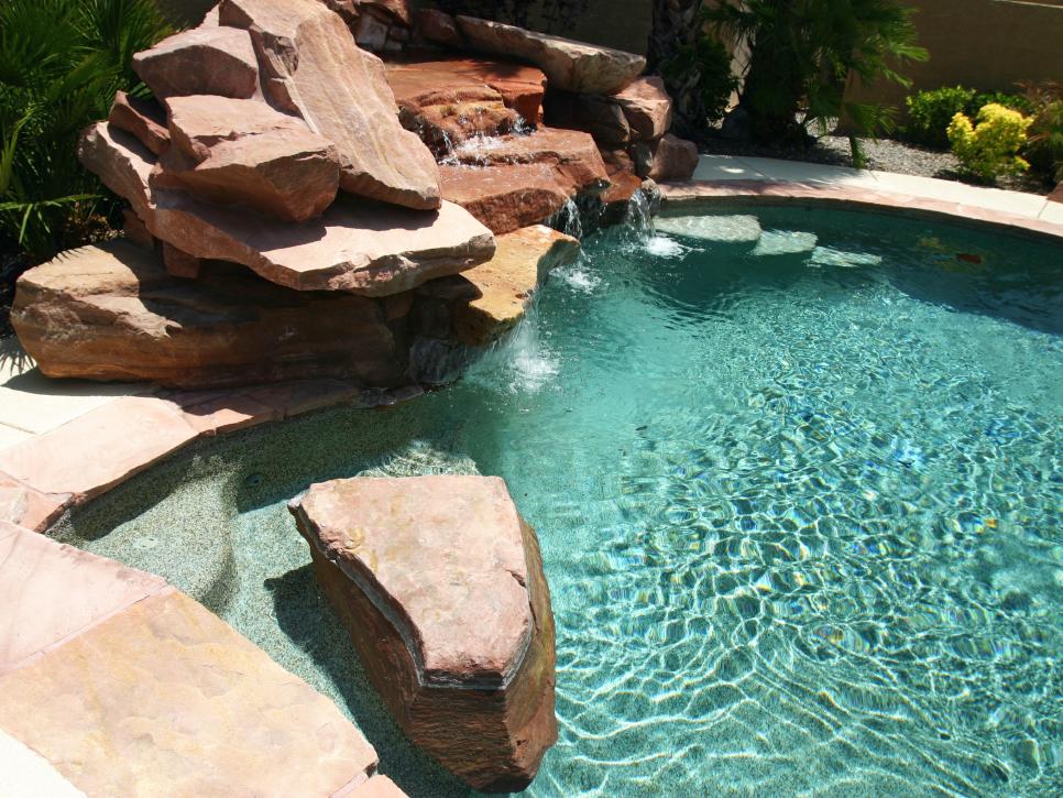 Stone Waterfall Feature and Backyard Pool 