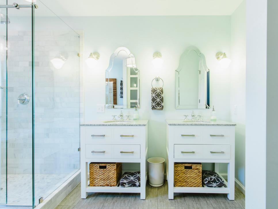 Bathroom With Two White Single Vanities Side by Side
