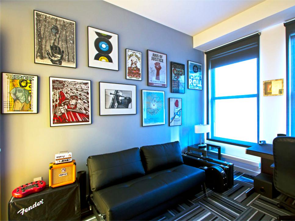 Contemporary Home Office With Sitting Area and Music-Inspired Artwork