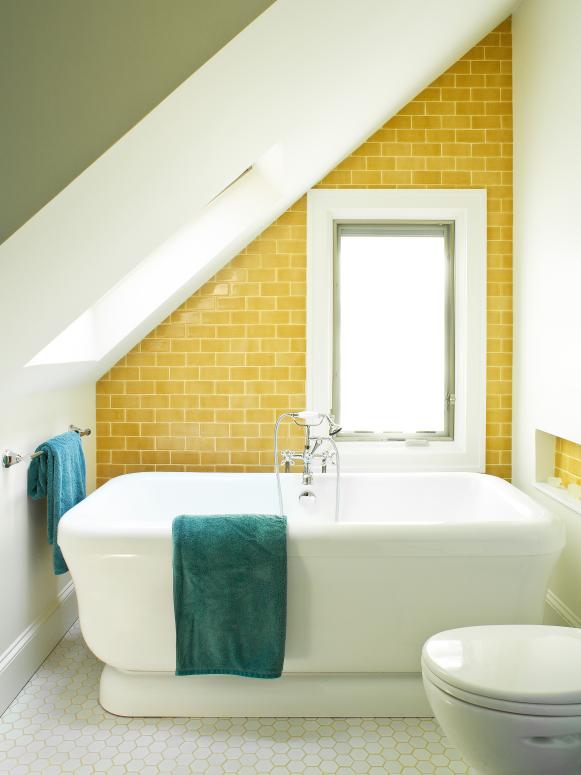 Yellow-Tiled Angled Bathroom Wall With Hexagonal Floors Yellow-Tiled Angled Bathroom Wall With Hexagonal Floors