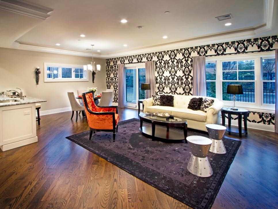 Neutral Contemporary Living Space with Black and White Wallpaper