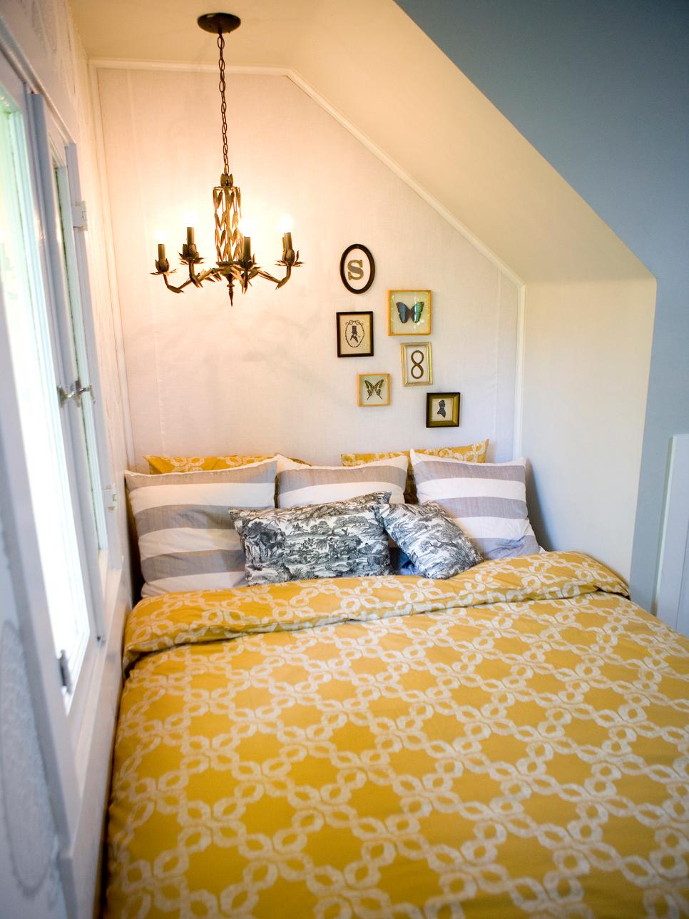 Small Guest Bedroom Nook With Yellow Patterned Duvet