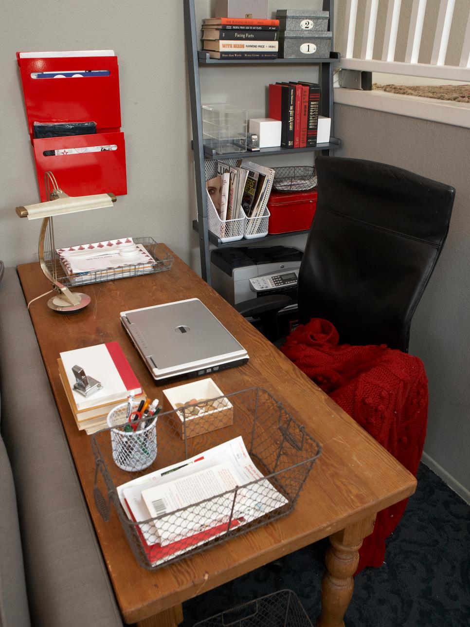 Gray and Red Home Office with Bookshelf