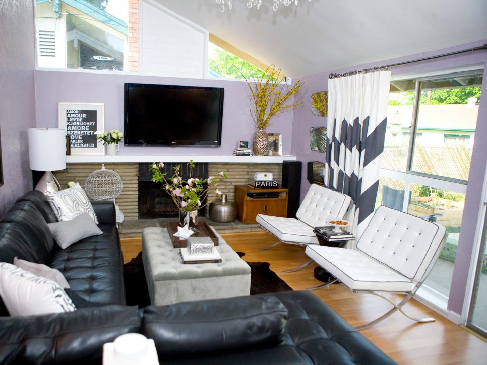 Purple living room with midcentury modern fixtures