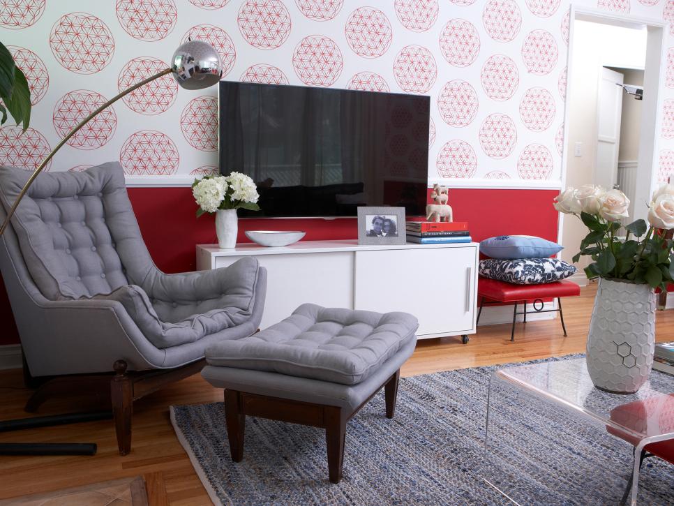 Red paint and wallpaper add warmth.