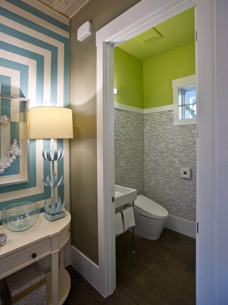Green & Gray Powder Room off Neutral Hallway With Teal Stripes