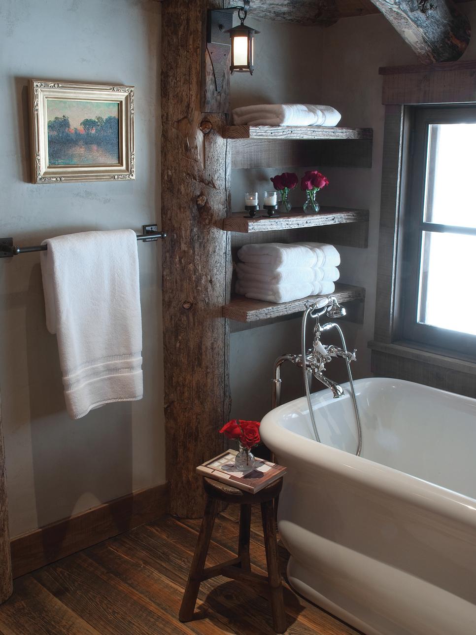 Rustic Bathroom With Standalone Tub and Exposed Ceiling Beams 