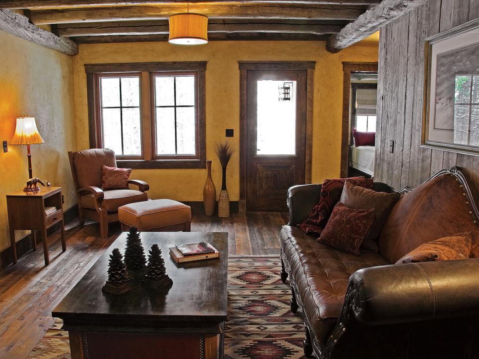 Rustic Sitting Room with Brown Leather Sofa Rustic Sitting Room with Brown Leather Sofa