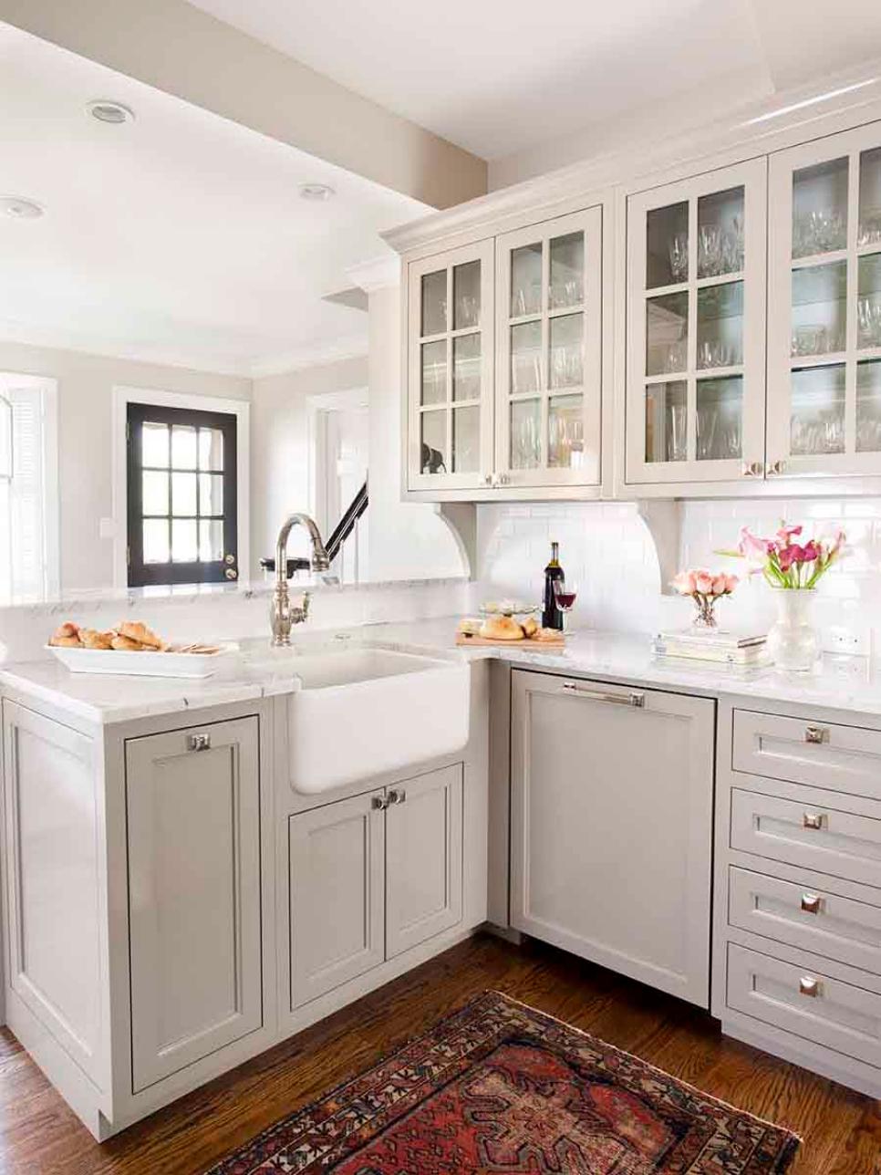 Gray Transitional Kitchen Cabinets With Farmhouse Sink