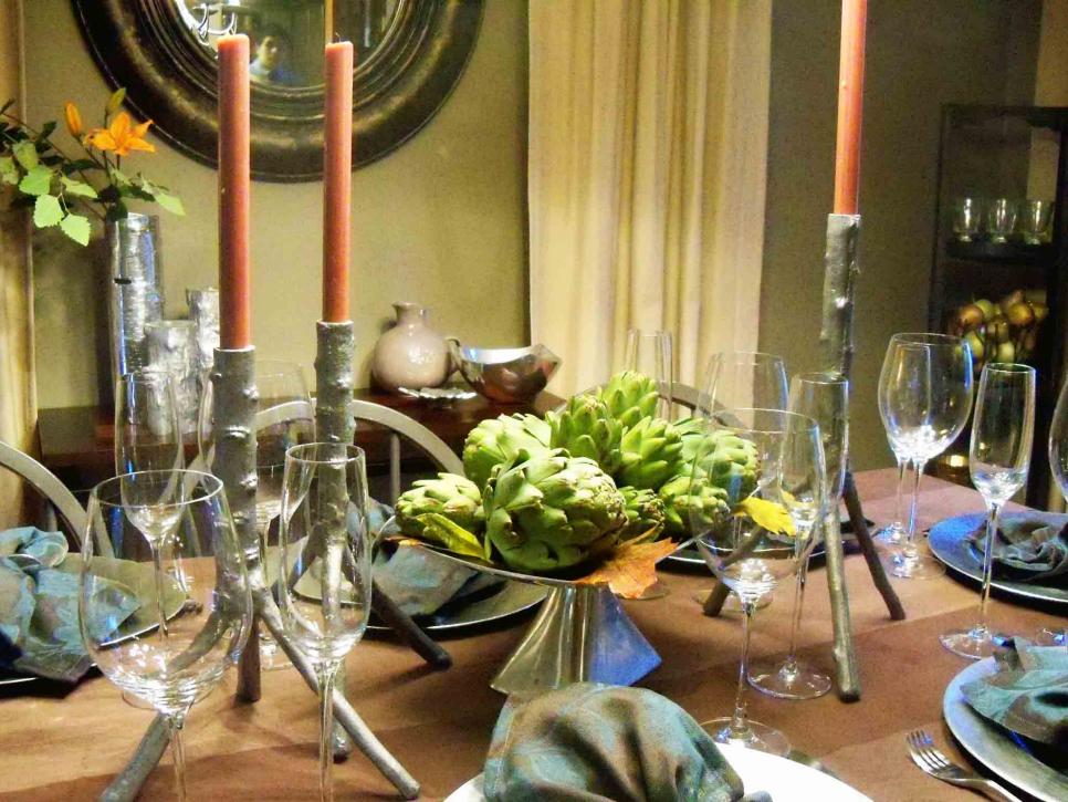 Rustic Table Setting with Bowl of Artichokes and Branch Candle Holders