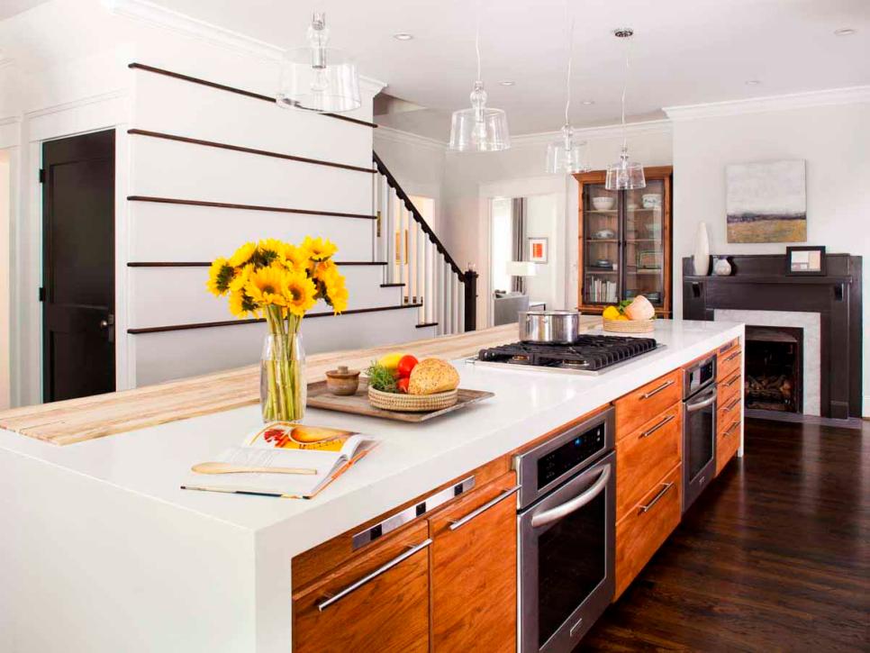 Long Kitchen Island with Cooktop, Double Ovens, White Countertop