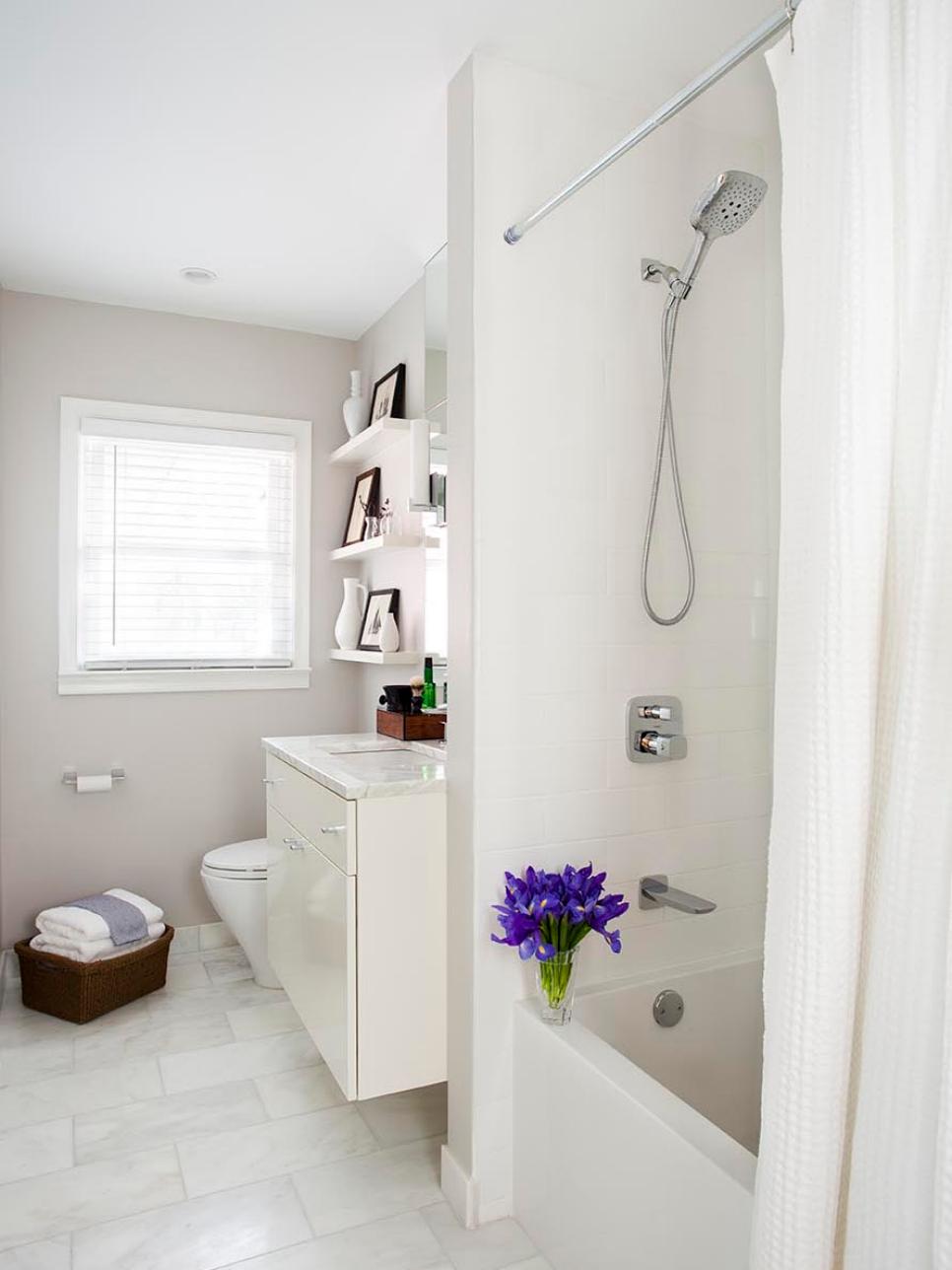 All-White Contemporary Bathroom With Purple Iris