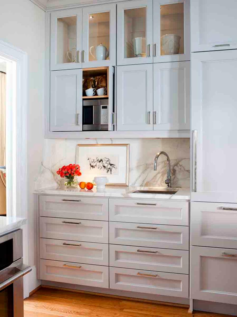 White Butler Pantry with Prep Sink and Glass-Front Cabinets 