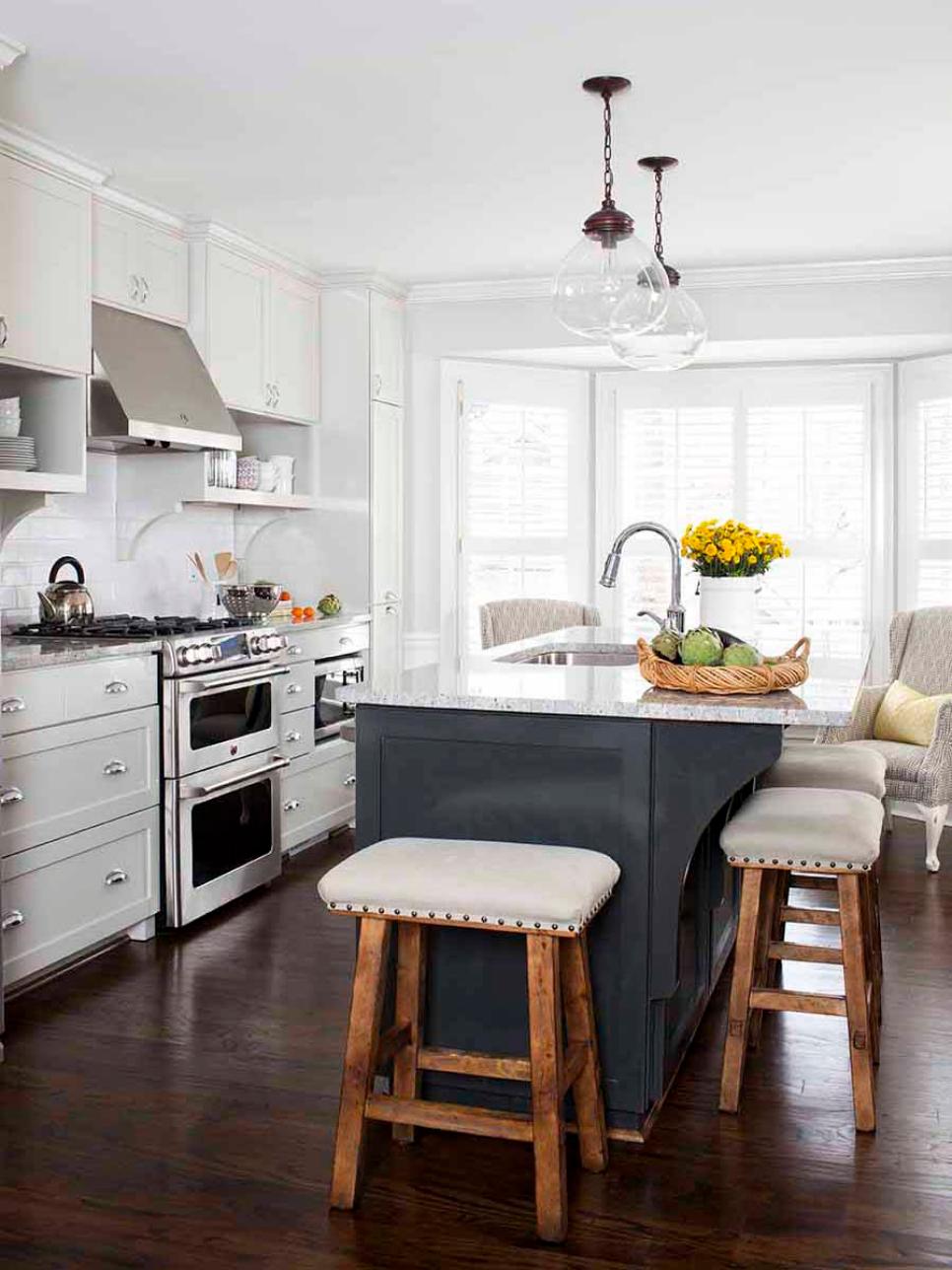 White Transitional Eat-In Kitchen With Gray Island