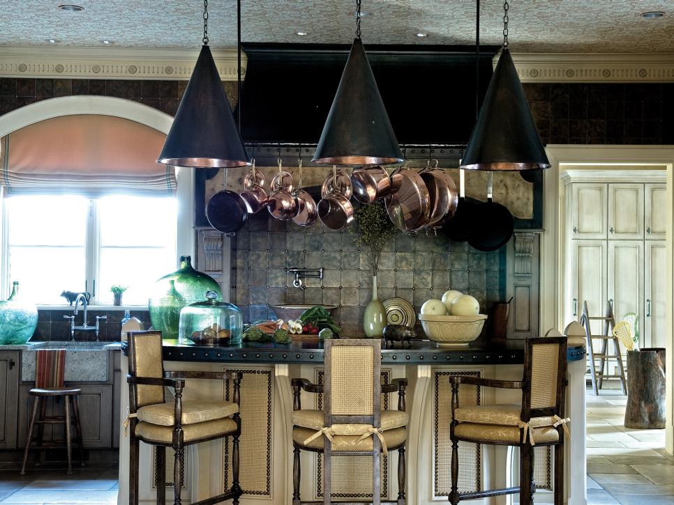 Masculine Kitchen With Cone Pendants and Island With Nailhead Trim