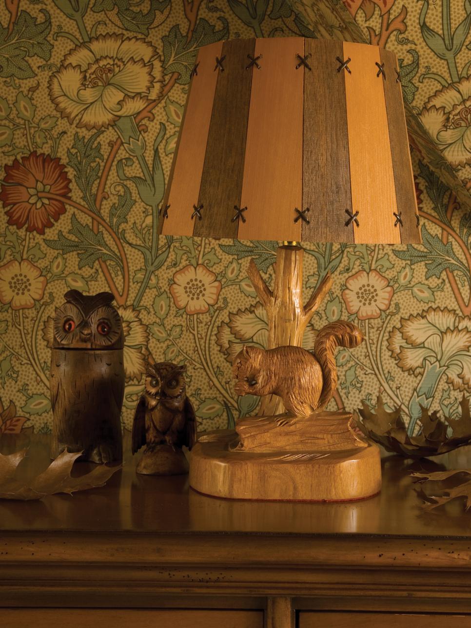 Carved Squirrel Lamp and Owl Humidor in Floral Room