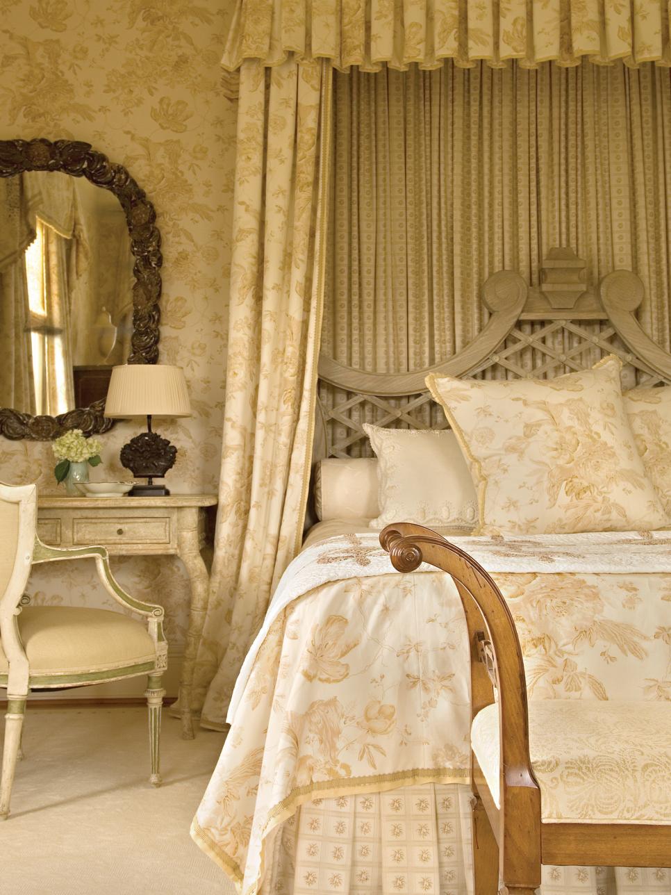 Traditional Neutral Bedroom With Curtain Bed and Matching Florals