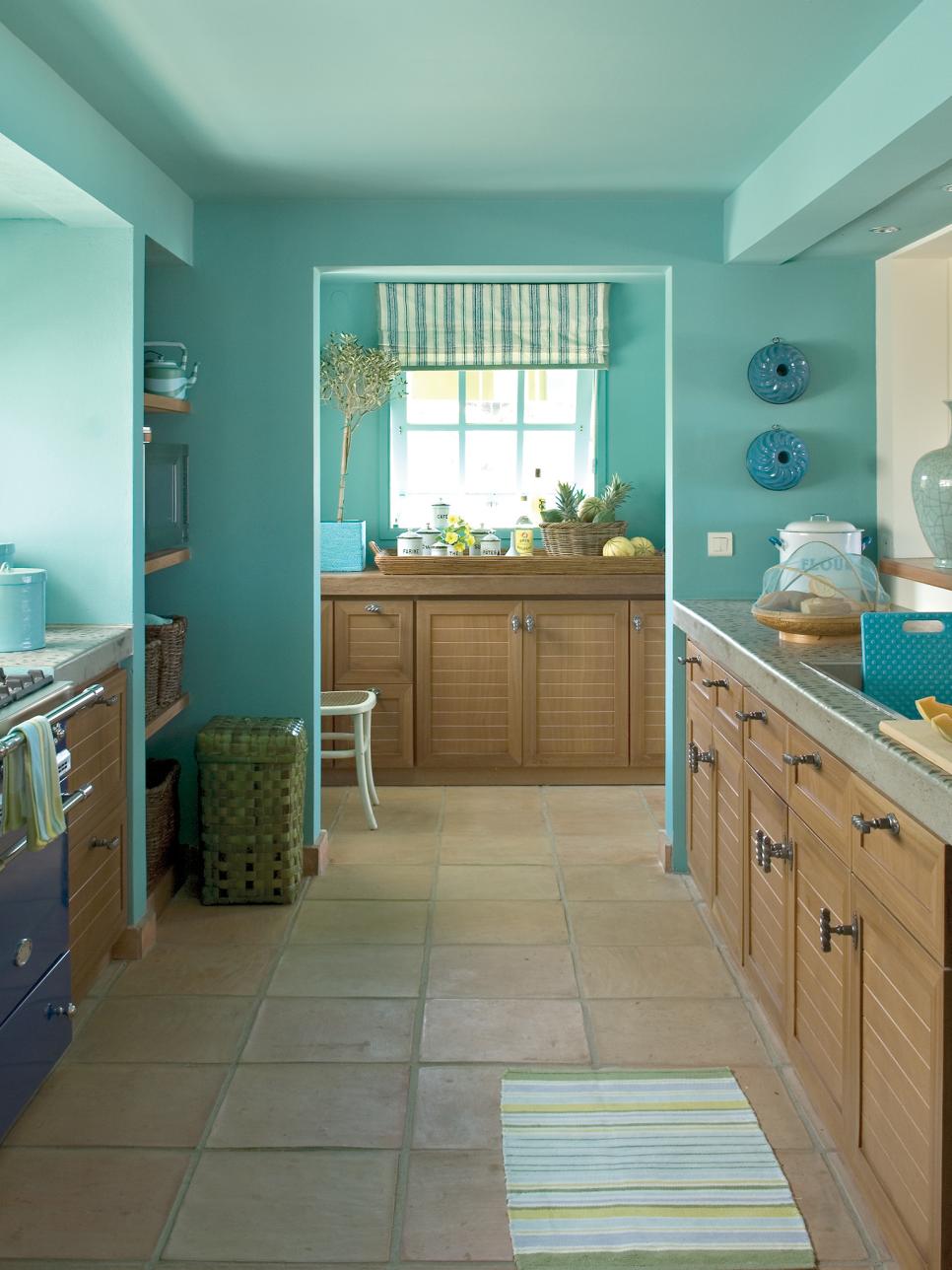 Tropical Blue Galley Kitchen With Tile Floor