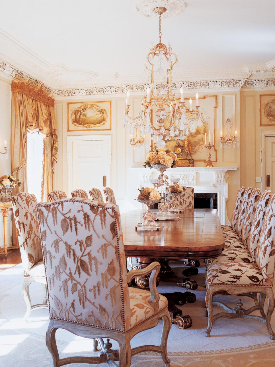 Neutral Dining Room With Upholstered Chairs, Chandelier & Gold Drapes