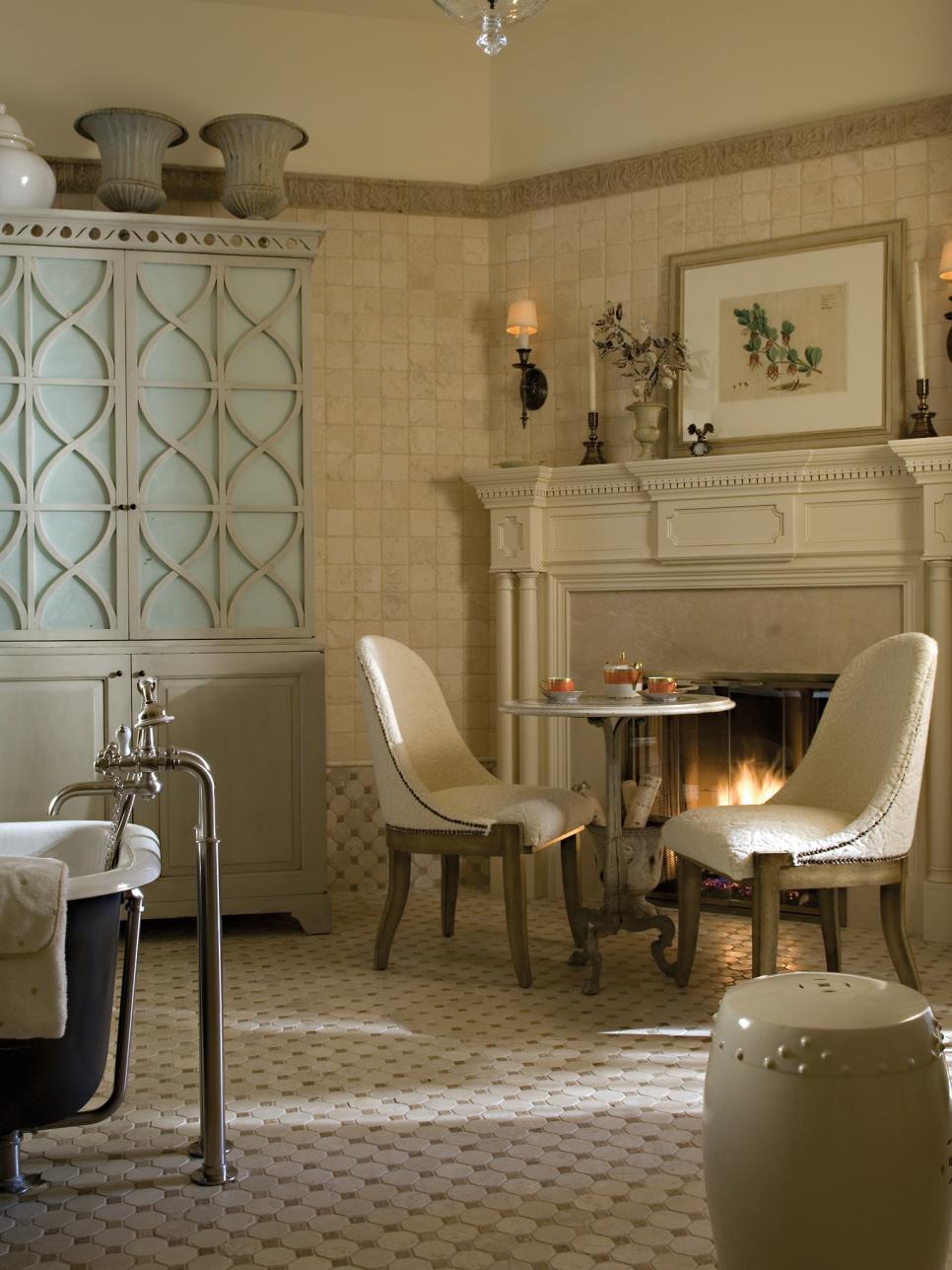 White Bathroom With Fireplace