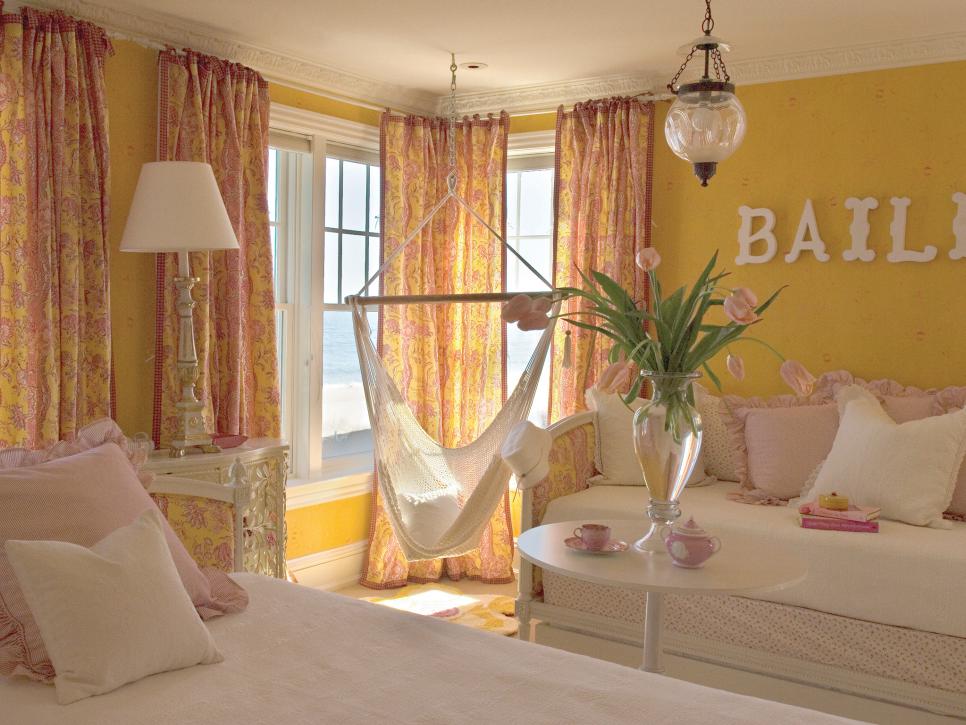 Yellow Bedroom With Toile Curtains, Hammock Chair, Daybeds