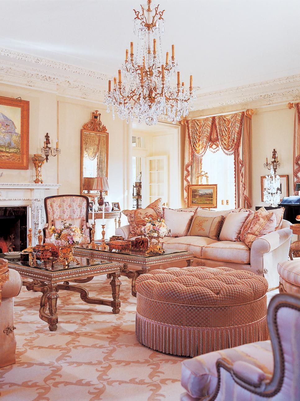 Neutral Living Room With Chandelier, Peach Valance & Gilt Mirror