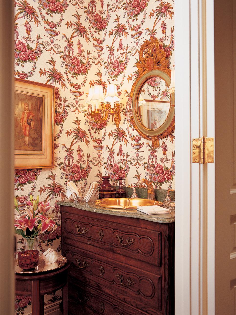 Victorian Powder Room with Red Floral Wallpaper