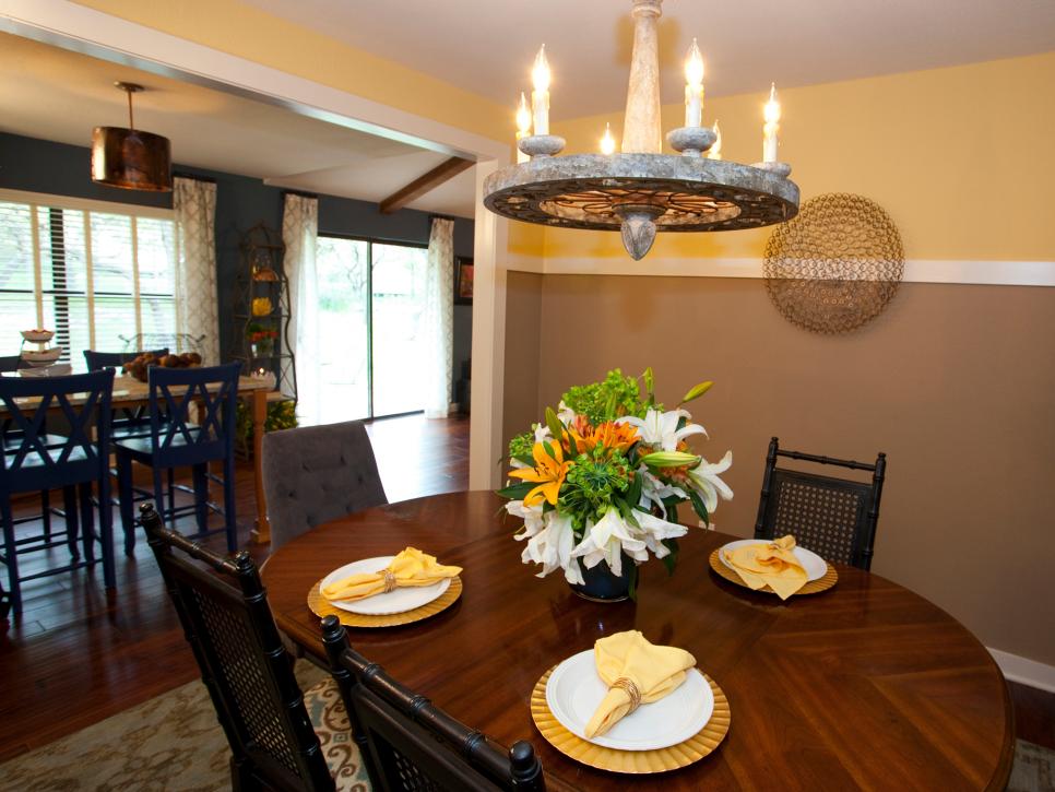 Eclectic Dining Room With Yellow and Brown Walls
