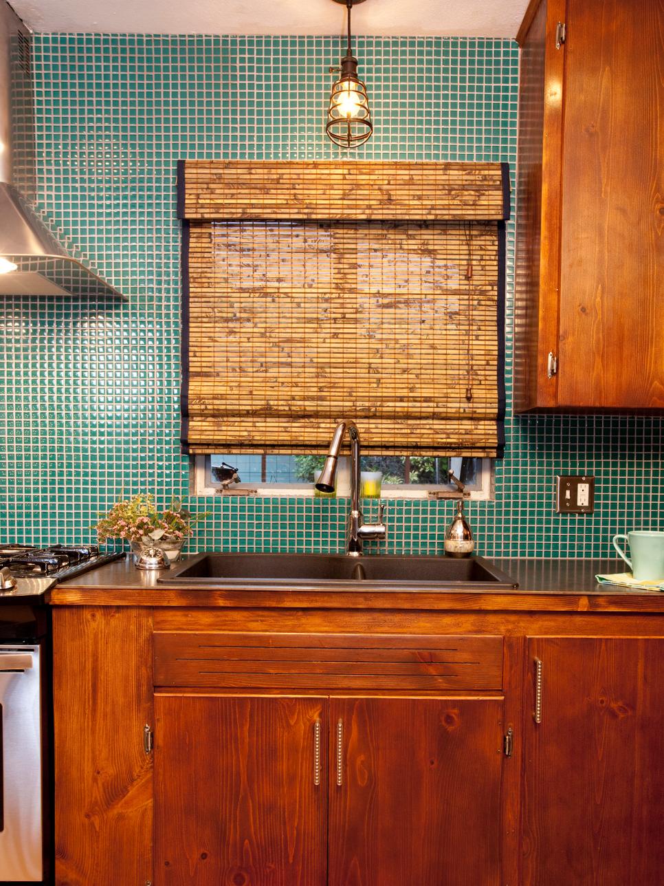 Kitchen With Teal Mosaic Tile Wall