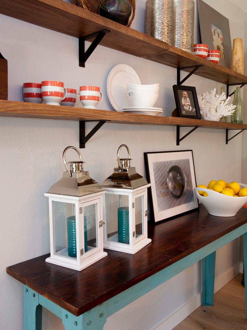 Open Shelving Display Country Farm Table and Shelves With Accessories
