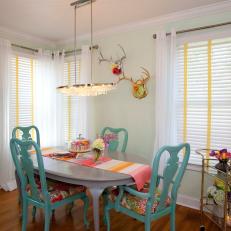 Eclectic Mint Dining Room With Turquoise Chairs