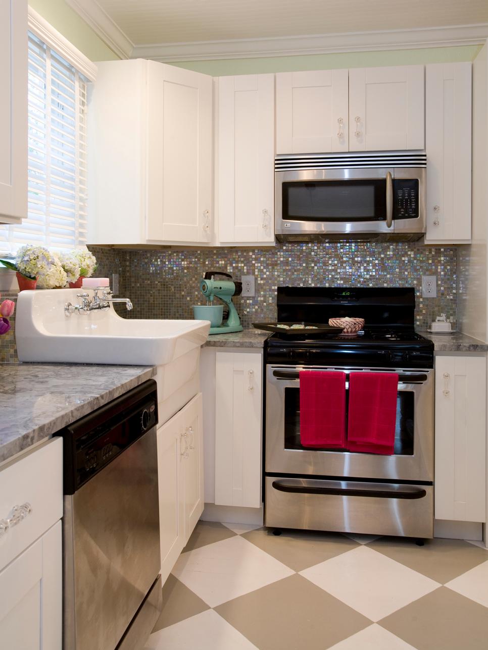 Neutral Kitchen With White Cabinetry, Sparkling Backsplash, Apron Sink