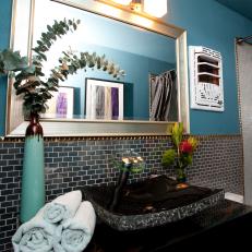 Blue Bathroom With Black Granite Vessel Sink