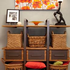 Wood and Metal Shelf With Storage Baskets