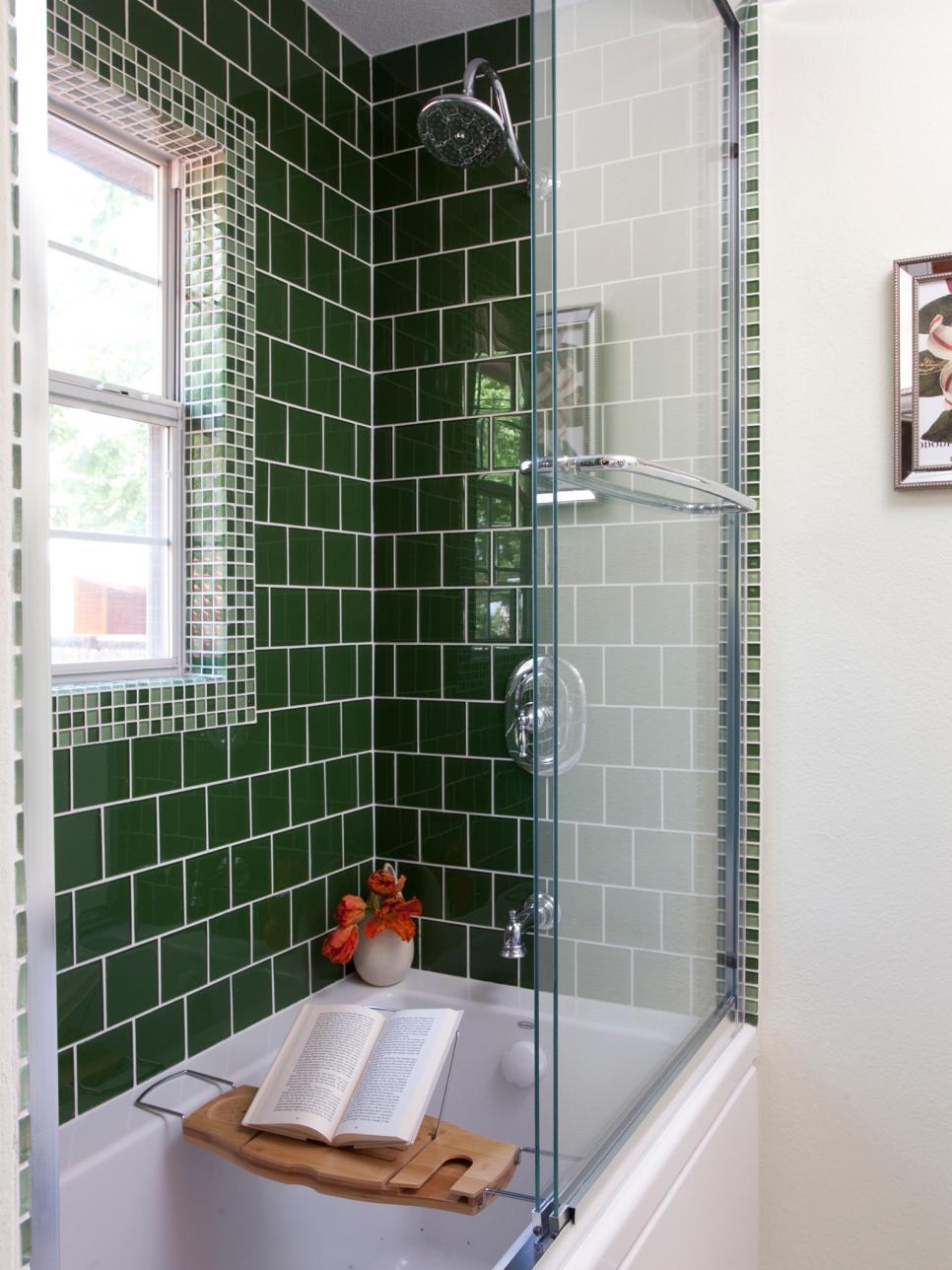 White Bathtub with Green Tile