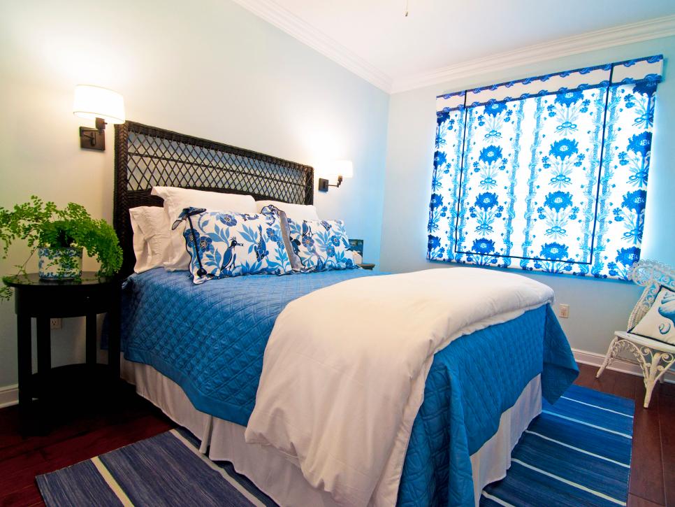 Traditional Blue and White Bedroom With Floral Roman Shade