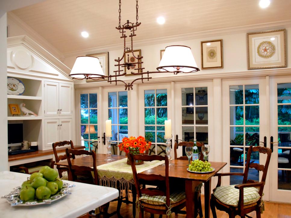 Breakfast Table Area With French Doors and Nearby Desk